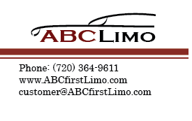 ABC Limo business card showing logo, phone number (720) 364-9611, website ABCfirstLimo.com, and email