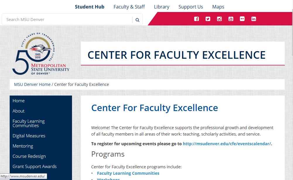 MSU Denver Center for Faculty Excellence page showing navigation, programs list, and faculty development content