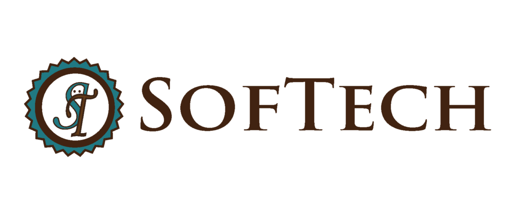 SofTech logo — brown serif wordmark with decorative badge icon featuring stylized S and T letterforms